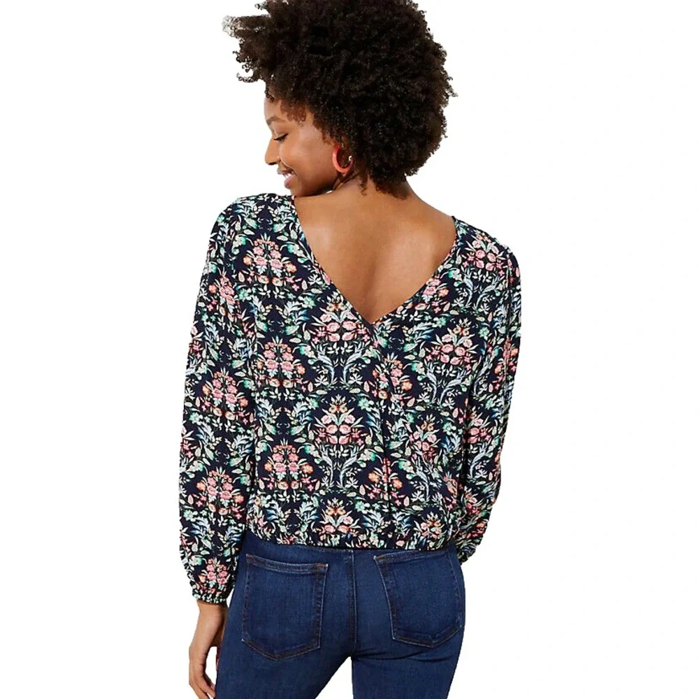 NEW Loft‎ L Navy Blue Floral V Back Puff Sleeve Top Cottage Boho Bloom Romantic